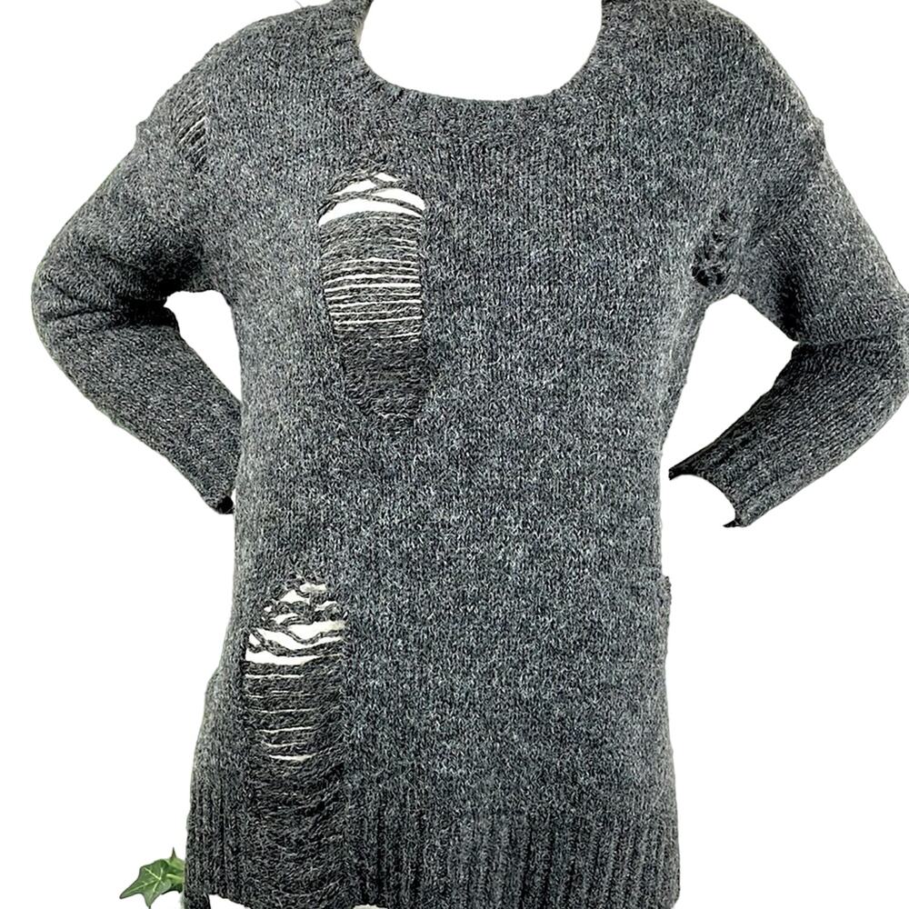 1804 Coin High Low Crew Neck Wool Blend S Grunge Sweater With Styled Holes/Runs
